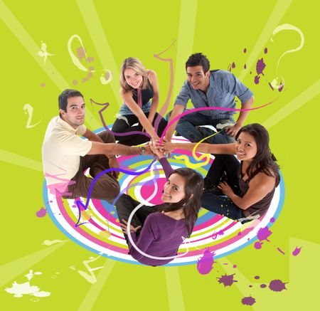 Group of young people sitting over a groovy background