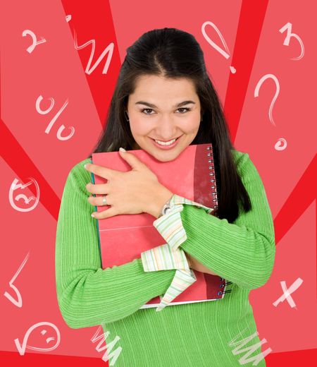 beautiful girl loving her studies hugging a notebook