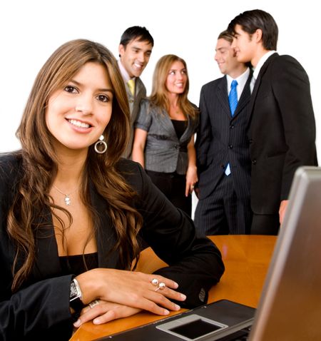 business woman and her team isolated over white