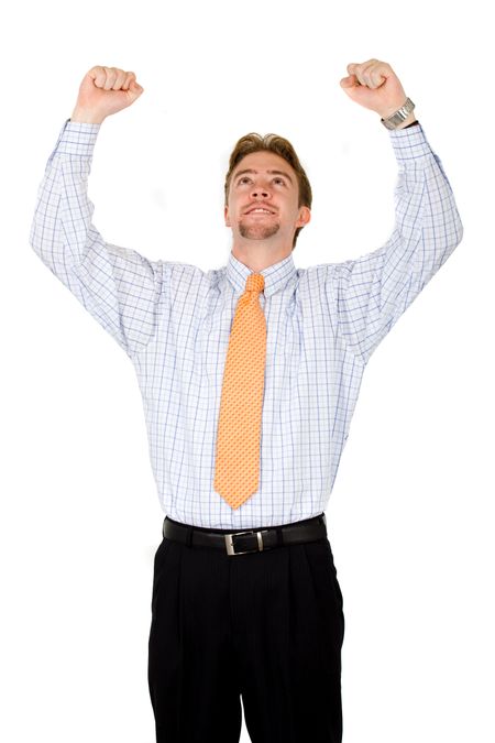 success in business - businessman with his arms up over a white background
