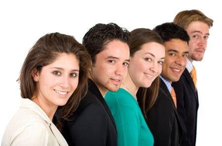 friendly business team - all smiling in a row over a white background