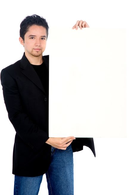 casual guy holding a board over a white background