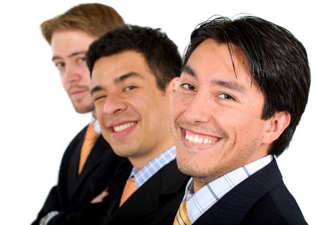Informal Business team formed by three friendly businessmen smiling - isolated over a white background