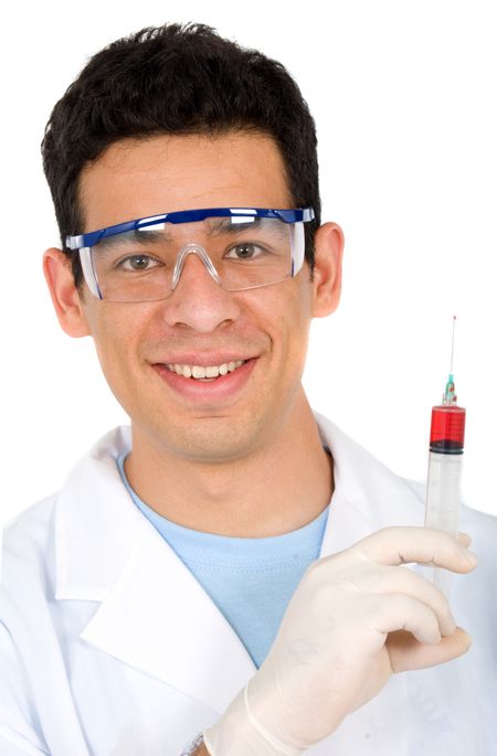 male doctor with a syringe on his hand over a white background