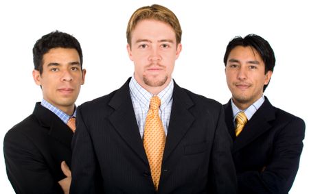 male only business team lead by a caucasian guy with two latin americans