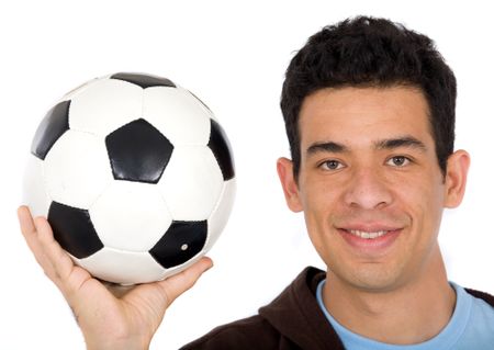 friendly soccer player smiling - isolated over a white background