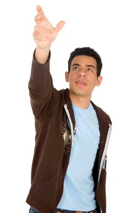 casual man reaching out with his hand - isolated over a white background
