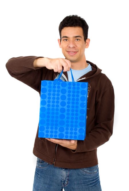 man with a blue shopping bag - isolated over a white background