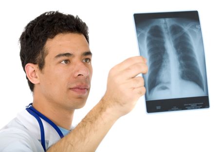 doctor looking at an xray of the thorax - isolated over a white background