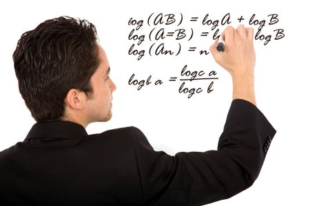 maths teacher writing a mathematical formula on the board - isolated over a white background