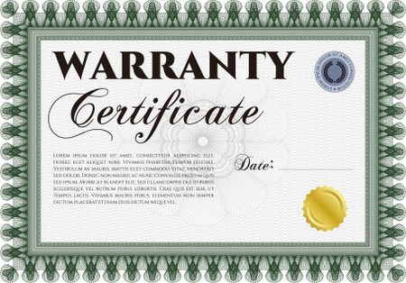 Warranty Certificate template. Perfect style. Complex border. It includes background. 