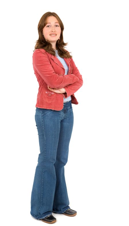 Casual woman standing over a white background