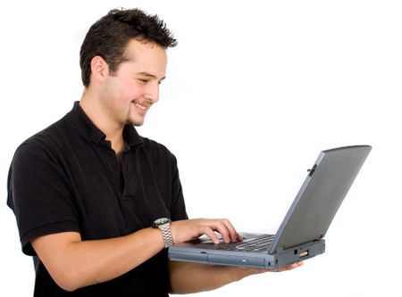 young man using a laptop computer - isolated over white