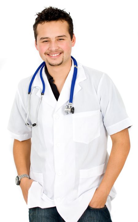 friendly and young male doctor over a white background