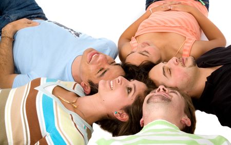 friends relaxing on the floor isolated over a white background