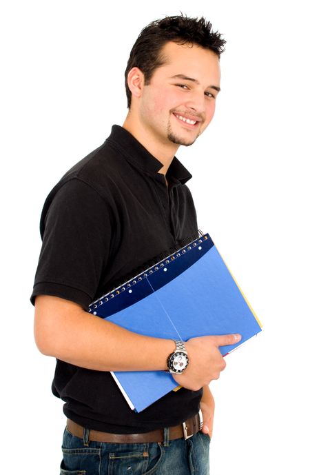 casual student with a notebook smiling at the camera - isolated over a white background
