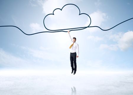 Businessman hanging on a cloud rope 