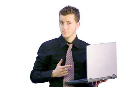 business man pointing at laptop