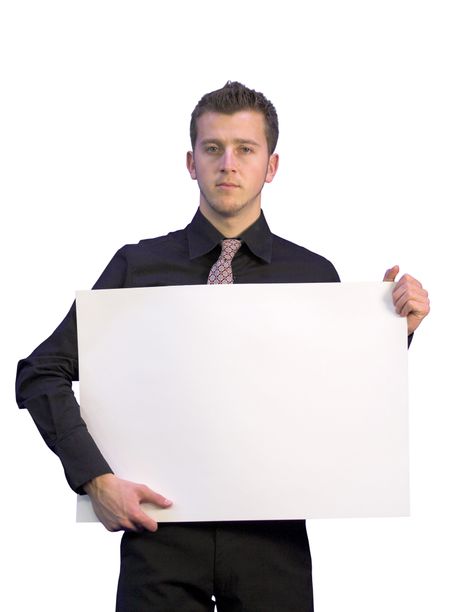 confident business man holding a white card, space for writing