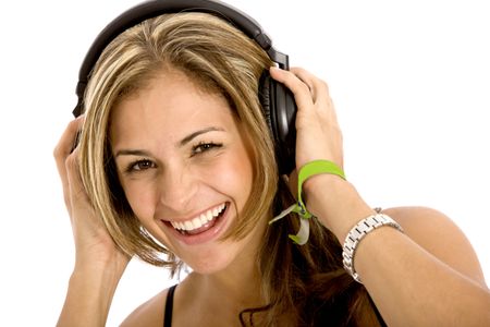 Woman with headphones listening to music isolated