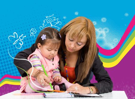 mother teaching her little girl to draw with some colours