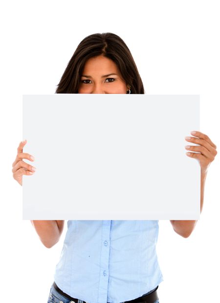 Woman covering her face with a white banner ad isolated