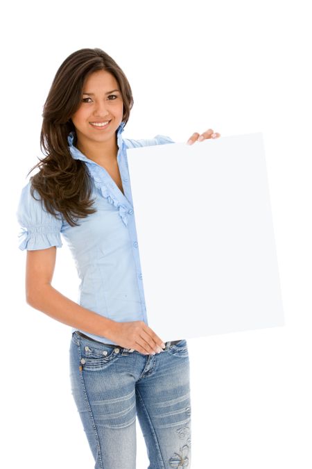 Casual woman holding a banner ad isolated