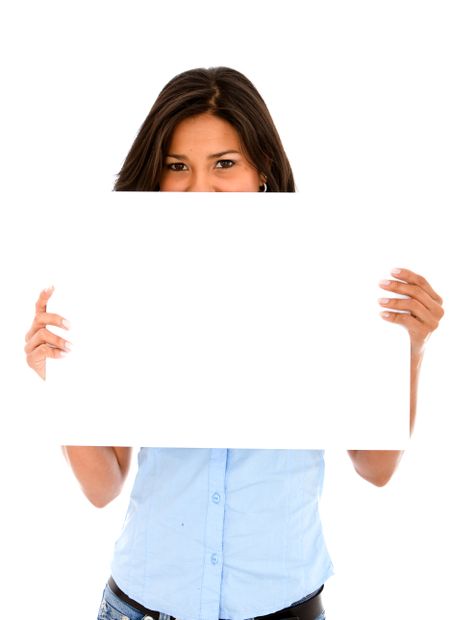 Woman covering her face with a white banner isolated