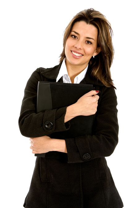 business woman holding a portfolio isolated over white