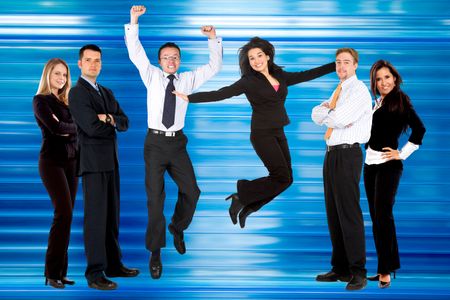 Excited business people standing over a blue background