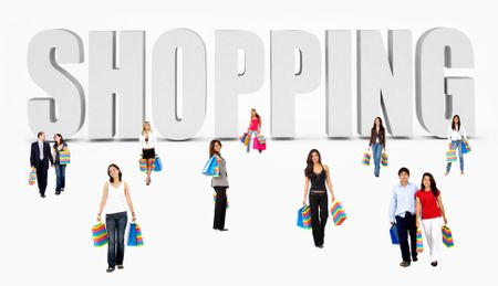 Large group of shopping people isolated over white