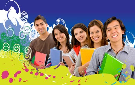 Group of college students with a colorful background