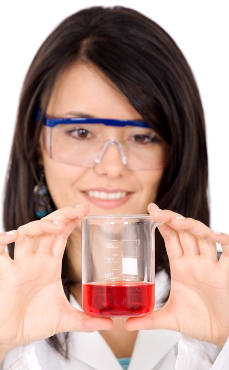 female scientist holding a test tube with red liquid over a white background