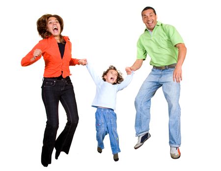 happy family having fun jumping in the air all looking very happy