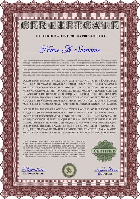 Red Certificate or diploma template. Artistry design. Border, frame.With great quality guilloche pattern. 