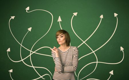 Young student with thoughtful expression with tangled arrows coming out of her back