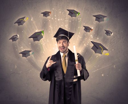 College graduate with many flying hats on grunge background