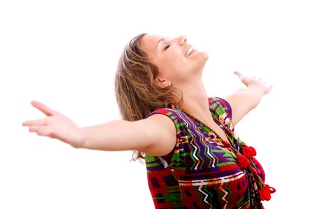 Beautiful woman with arms opened isolated over white