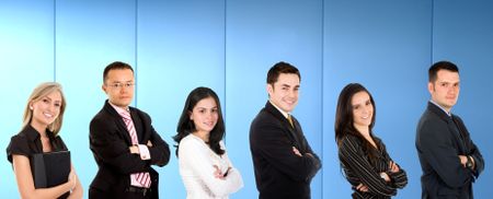 Group of young business people over a blue background