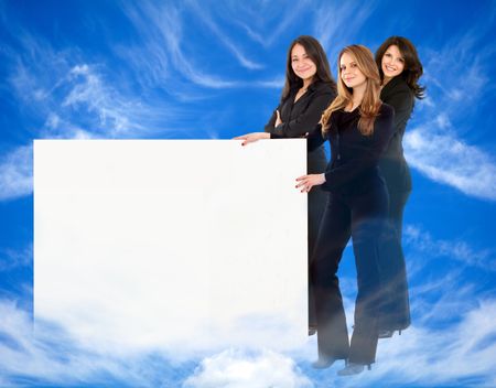 Heavenly women holding a blank banner smiling