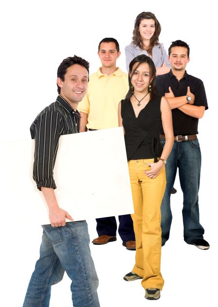 MAn holding a white board and a group behind him isolated