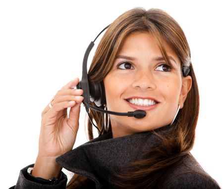 Customer support operator woman isolated over white