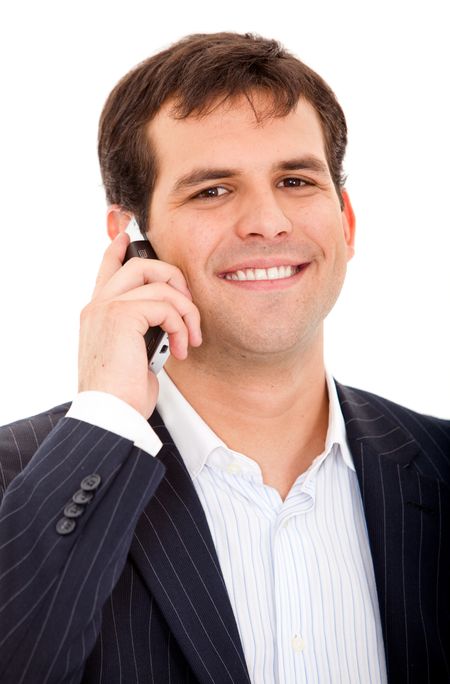 Business man talking on the phone isolated over white