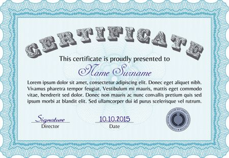 Certificate of achievement. With guilloche pattern. Vector certificate template.Cordial design.