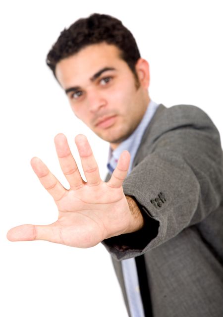 business man signalling to stop - over a white background