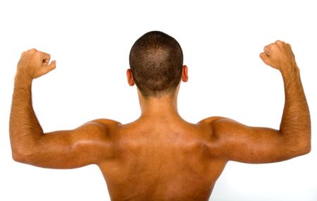 muscular male bare back over a white background