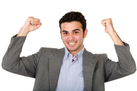 successful business man with arms up looking happy over a white background