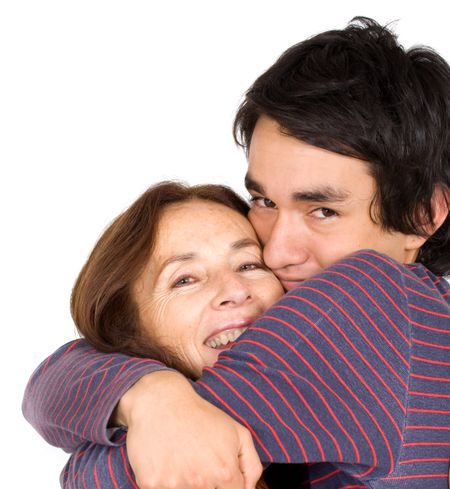 mother and son showing affection over a white background