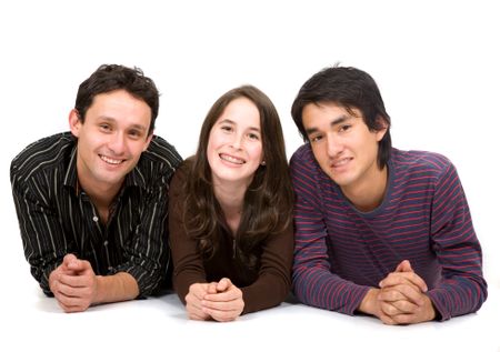 brothers and sister family portrait over a white background on the floor