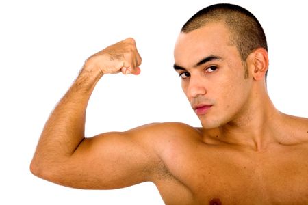 fit man showing off his muscles over a white background